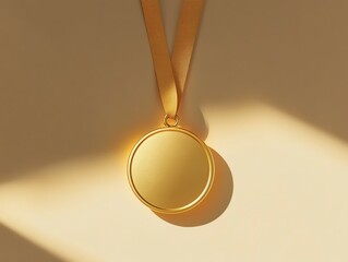 A tilted angle view of a sleek gold medal surrounded by soft shadows