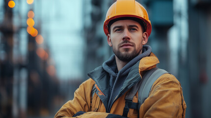 Portrait of an electrician in front of a substation, professional photography