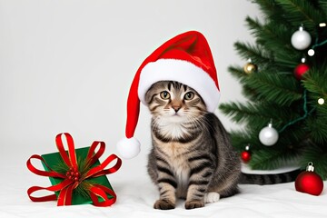 Obraz premium Charming Little Cat in a Santa Hat on Crisp White Background