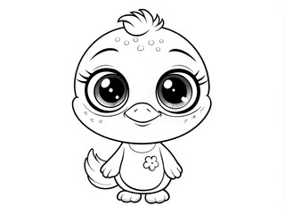 Fototapeta premium Coloring page for kids with a cute little chicken with big eyes standing and looking at the camera on a white background