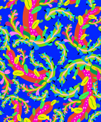 A vector pattern with cacti in an abstract multicolored style. Seamless cactus plant background with flowers of various colors and shapes.