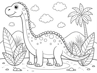Coloring page for kids with a big funny spotted dinosaur on the background of palm trees with big leaves and clouds © Aqvarelka