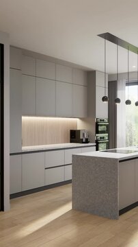 Kitchen-dining room, room in a modern minimalist style. Open space. 3D rendering. Vertical format