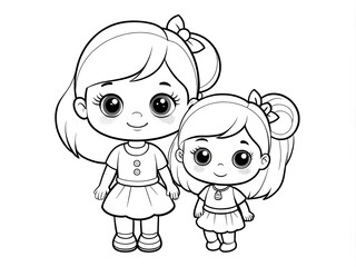 Coloring page for children with the image of two cheerful girls sisters on a white background