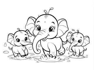 Obraz premium Coloring page for kids with cute happy elephants bathing in water on white background