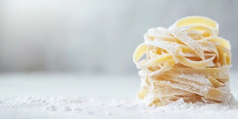Freshly prepared pasta arranged on a light surface, showcasing its texture and form, perfect for culinary themes.