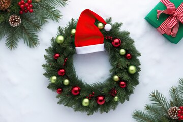 Cheerful Christmas Wreath and Elf Hat Isolated on a Snowy Background