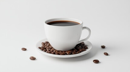 A photo realistic image of coffee cup on saucer with coffee beans, evoking warm and inviting atmosphere. 