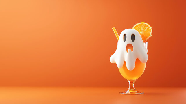 A Halloween inspired healthy drink with ghost shaped topping, featuring vibrant orange colors and slice of orange. Perfect for festive celebrations!