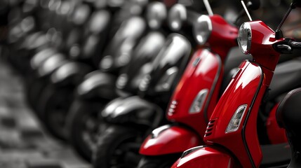 A row of red scooters parked.