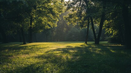 Fototapeta premium Sunlight filters through the trees in a lush green forest.
