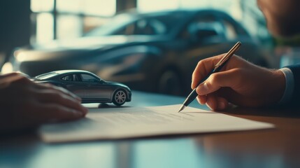 A customer is signing contract with car agent, with model car on table, symbolizing purchase process. 