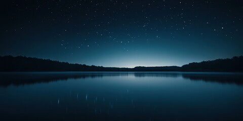 Serene night sky above a calm lake, reflecting stars amidst peaceful darkness and natural beauty.