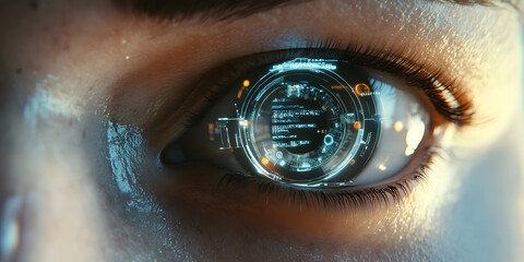 Futuristic human eyes with digital holographic interfaces and data-driven technology