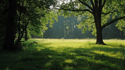 Fototapeta premium A grassy field with sunlight streaming through the trees.