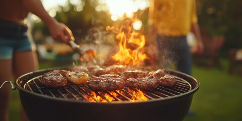 Sizzling meat on a barbecue grill with vibrant flames, perfect for summer gatherings and outdoor cooking events.