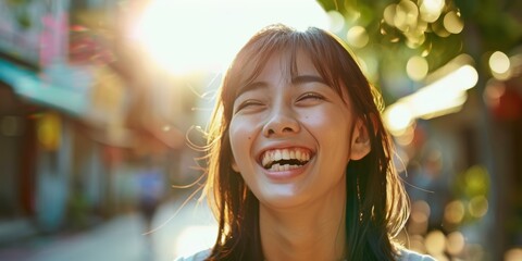 Joyful and smiling woman enjoying her vacation in an urban setting, capturing the excitement of adventure or a weekend getaway. Her portrait reflects a positive and happy attitude