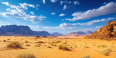 Fototapeta premium Stunning desert landscape with vibrant blue sky and scattered clouds, highlighting the natural beauty of arid environments.