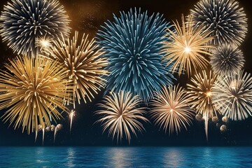 Brass and Ocean Blue Fireworks Stunning Abstract Background for New Year Celebration