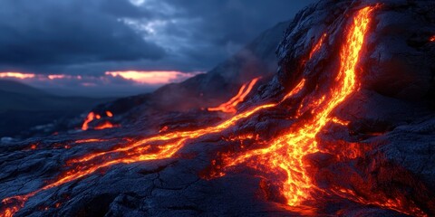 Stunning view of flowing lava on a volcanic landscape during a dramatic sunset, highlighting nature's raw power and beauty.