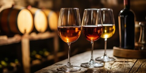 Naklejka premium Three elegant wine glasses filled with different varieties of wine, set against a rustic barrel backdrop, perfect for wine lovers.