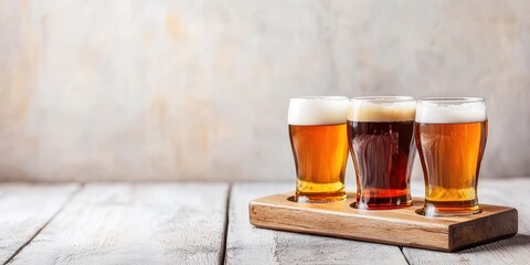 Three glasses of craft beer in a wooden tray, featuring various shades of amber. Perfect for a brewery or tasting event.