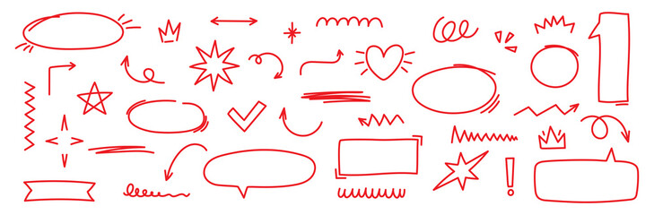 Hand drawn comic speech bubble, highlights, ribbon, arrows and stars. Sketch vector illustration in red color. Editable stroke. © Arina