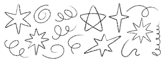 Hand drawn stars and confetti with crayon or chalk texture. Doodle vector illustration.