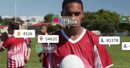 Animation of icons and data processing over diverse rugby players - Powered by Adobe