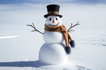 Obraz premium Cheerful Snowman with Distinctive Hat and Soft Scarf on Bright White Background