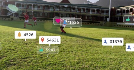 Animation of icons and data processing over diverse rugby players - Powered by Adobe