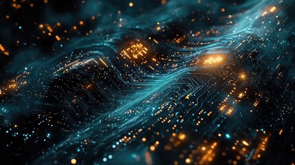 Fototapeta premium A close-up of a cosmic nebula with embedded digital circuits and glowing pathways, symbolizing the fusion of technology and the natural universe.