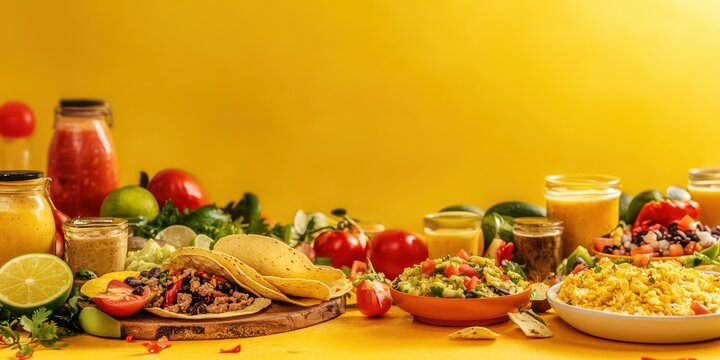 Vibrant display of delicious Mexican food with tacos, salad, and colorful ingredients on a yellow background.