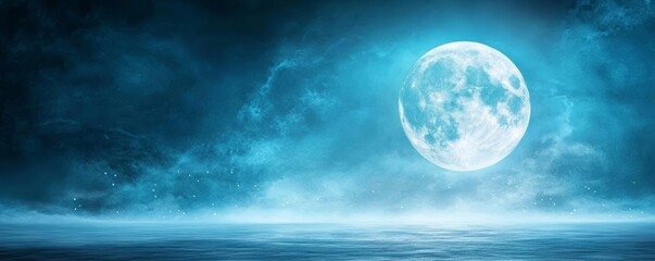 Bright moon shining through a partly cloudy night sky, clear weather, tranquil evening