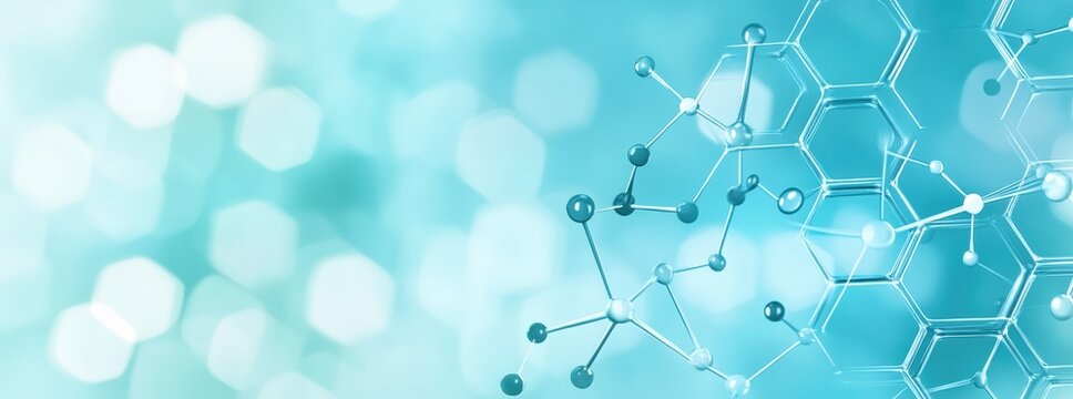 Digital molecular bonds and hexagonal shapes on a blue background, representing science, chemistry, and innovation.