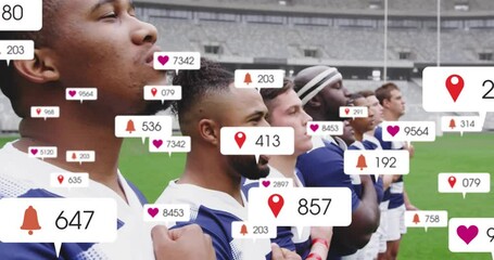 Animation of icons and data processing over diverse rugby players - Powered by Adobe