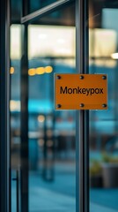 Yellow 'Monkeypox' notice displayed on a glass door of a healthcare facility, emphasizing public health and virus prevention.