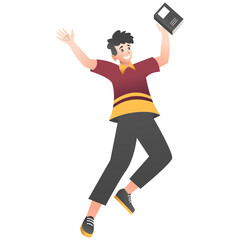 Illustration of a Male Student Jumping While Holding a Book