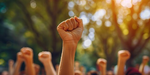 Raised fists at a protest rally advocating for human rights, empowerment, and climate action in solidarity with womens movements for justice