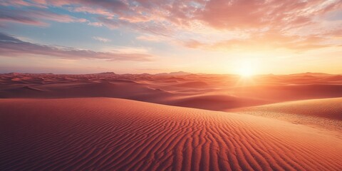 A breathtaking sunset over a vast desert landscape, highlighting textured sand dunes under a colorful sky.