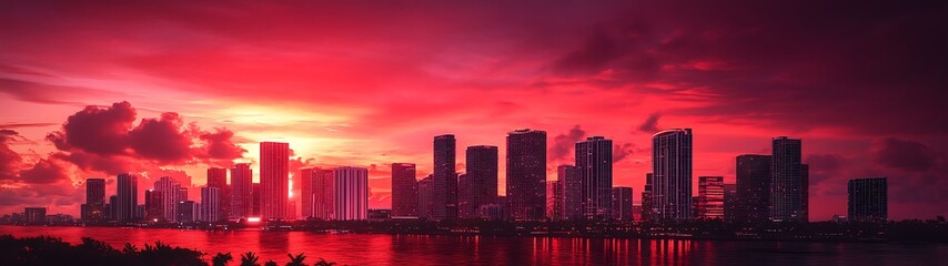 Fototapeta premium Twilight Splendor: Hyper-Realistic Ruby-Toned Miami Skyline at Sunset