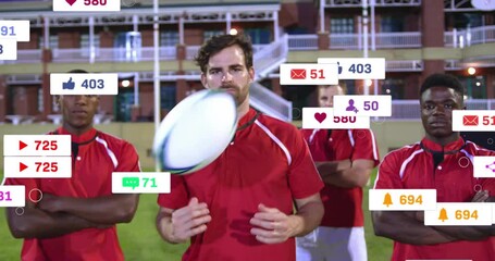 Animation of icons and data processing over diverse rugby players - Powered by Adobe