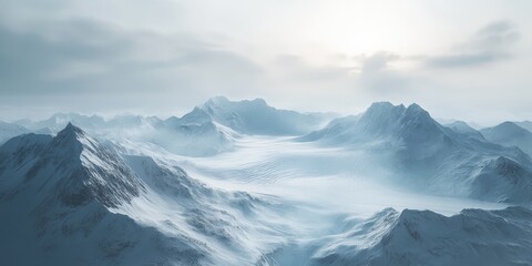 Obraz premium A breathtaking view of snow-covered mountains under a cloudy sky, capturing the serene beauty of winter landscapes and nature.