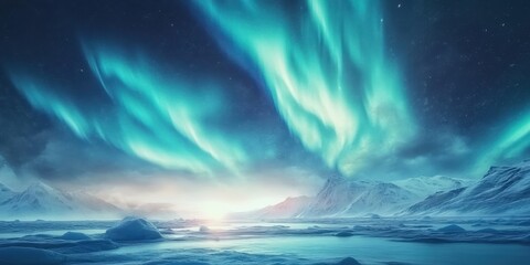 Naklejka premium A breathtaking view of the Northern Lights illuminating the night sky over a serene icy landscape, creating a magical ambiance.