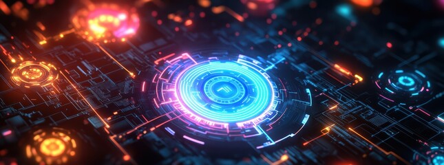 Obraz premium Futuristic digital technology background with glowing circuits and vibrant colors. intricate design evokes sense of advanced technology and innovation. 