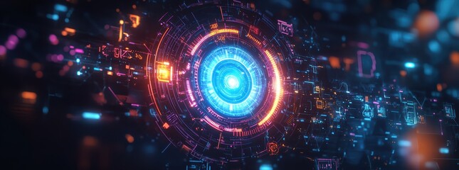Obraz premium Futuristic digital technology background with vibrant colors and intricate patterns, showcasing glowing circular design. 