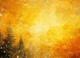 Obraz premium a digital painting featuring a vibrant, textured background with a warm, golden hue. The scene is dominated by a cluster of pine trees, their silhouettes standing out against the