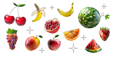 Set of disco mirror ball fruits, banana, apple, watermelon, cherry. Mosaic style on white background.