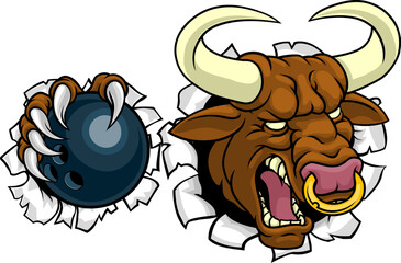 A bull or Minotaur monster longhorn cow angry mean ten pin bowing mascot cartoon.