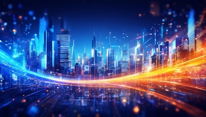 Fototapeta premium futuristic cityscape at night, with towering skyscrapers and a vibrant display of lights and reflections on the water below.